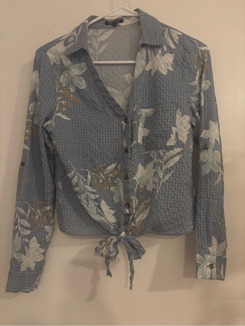 Michele Light Blue Floral Tie-Front Button Shirt